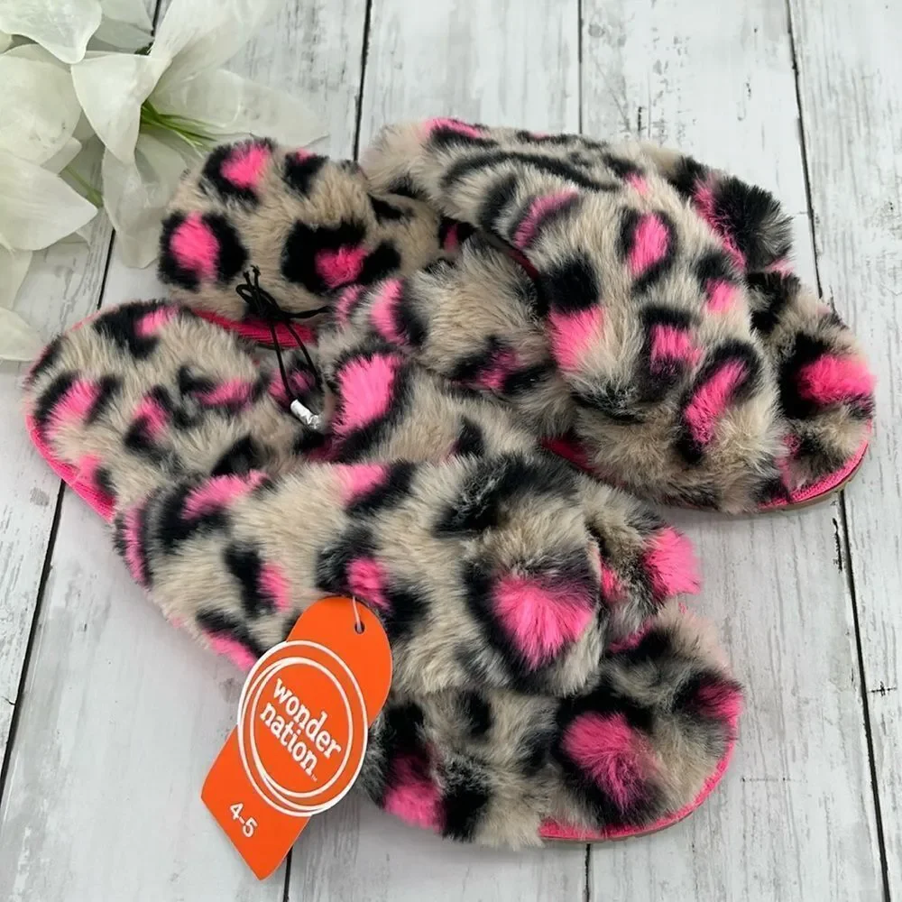 Big Girls Cross Band Faux Fur Leopard Slippers Shoes Size 4-5
